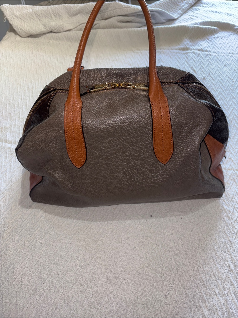 Toscani Colour Block Taupe, Cognac and Black Leather Satchel